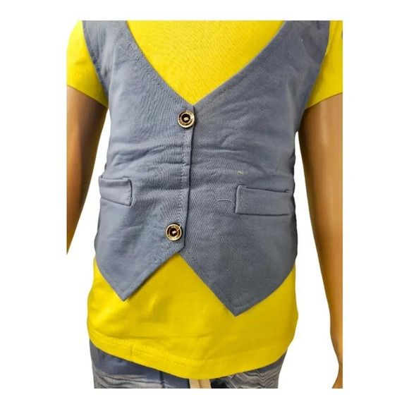 3T  Boys Blue, Yellow, Red BowTie Shorts and Tshirt Faux Suit 2pcs Set - Picture 4 of 7